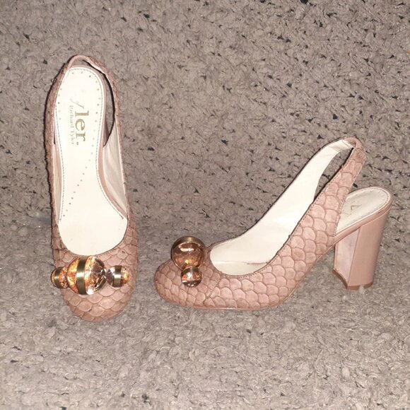 RICHARD TYLER-Vintage-Riesling Reptile Beaded Brown High Heel-SZ6.5/7-Excellent - Picture 1 of 7